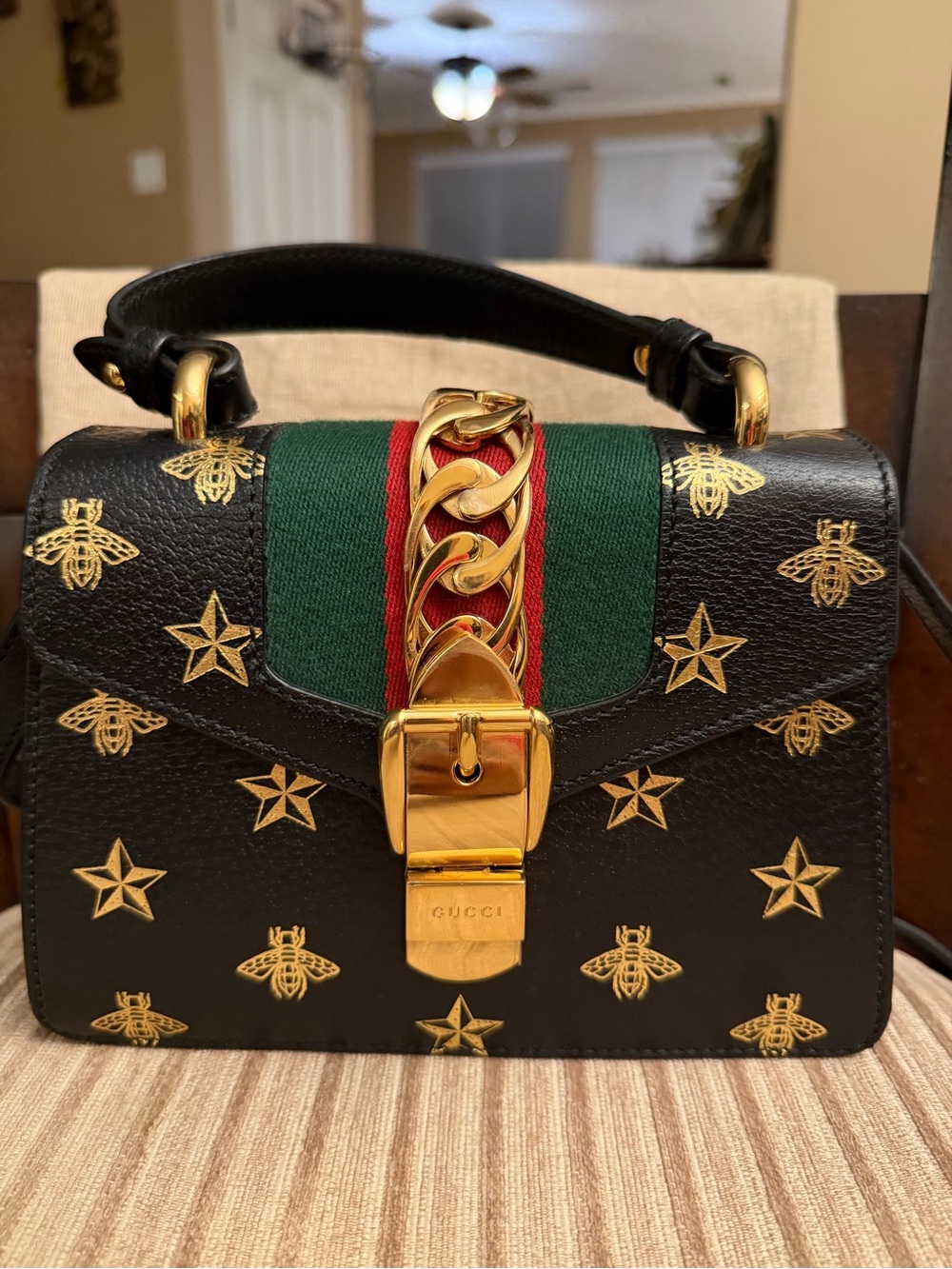 Authentic Gucci Sylvie Bee Star Black Leather Satchel w/ strap